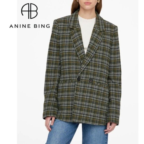 Anine Bing olive plaid double-breasted Madeleine fall blazer, L - Picture 1 of 4
